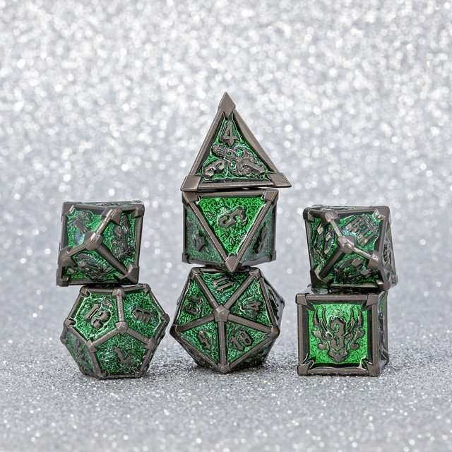 Sage's Grave Fortune Emerald Death Metal Polyhedral Dice Set - Sage's PortalMetal Dice Set