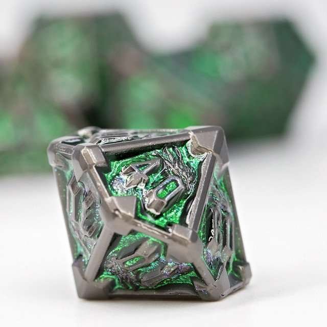 Sage's Grave Fortune Emerald Death Metal Polyhedral Dice Set - Sage's PortalMetal Dice Set