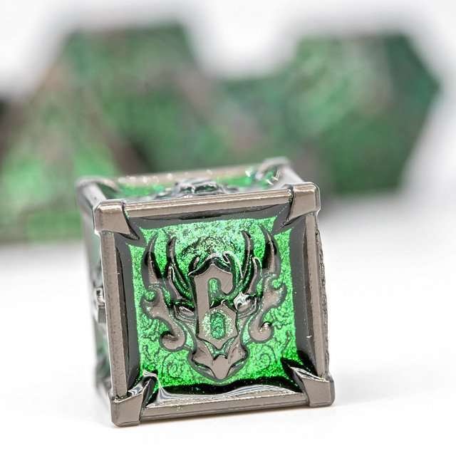 Sage's Grave Fortune Emerald Death Metal Polyhedral Dice Set - Sage's PortalMetal Dice Set