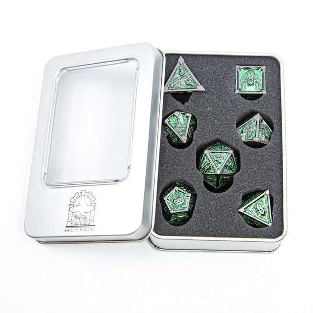 Sage's Grave Fortune Emerald Death Metal Polyhedral Dice Set - Sage's PortalMetal Dice Set