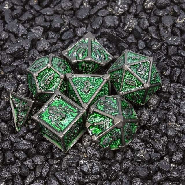 Sage's Grave Fortune Emerald Death Metal Polyhedral Dice Set - Sage's PortalMetal Dice Set
