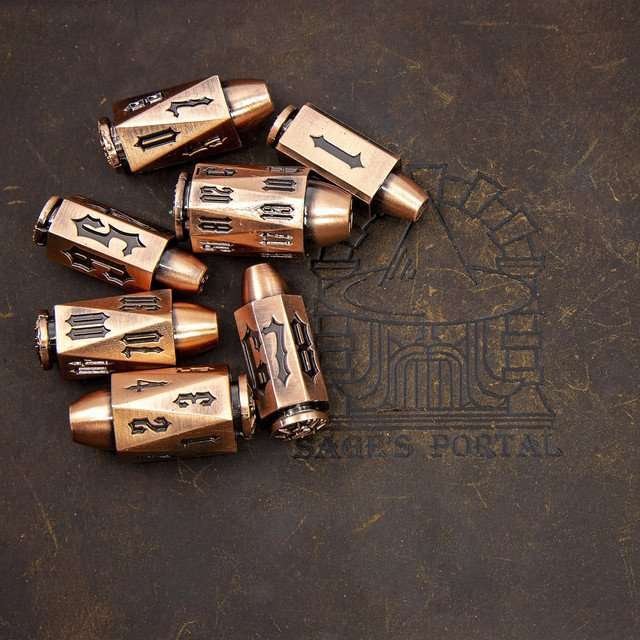 Sage's Holy Revolver Copper Bullets Metal Dice Set - Sage's PortalMetal Dice Set