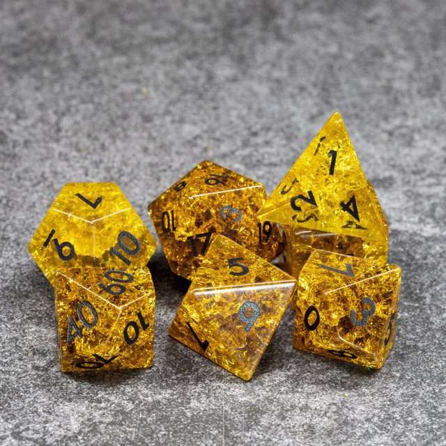 Sage's Kaleidoscopes Amber Gold Cracked Glass Gloss Finish Polyhedral Dice Set - Sage's PortalGemstone Dice Set