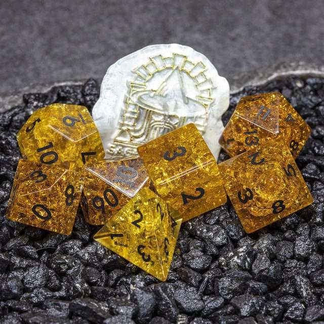 Sage's Kaleidoscopes Amber Gold Cracked Glass Gloss Finish Polyhedral Dice Set - Sage's PortalGemstone Dice Set