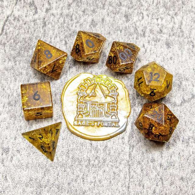 Sage's Kaleidoscopes Amber Gold Cracked Glass Gloss Finish Polyhedral Dice Set - Sage's PortalGemstone Dice Set