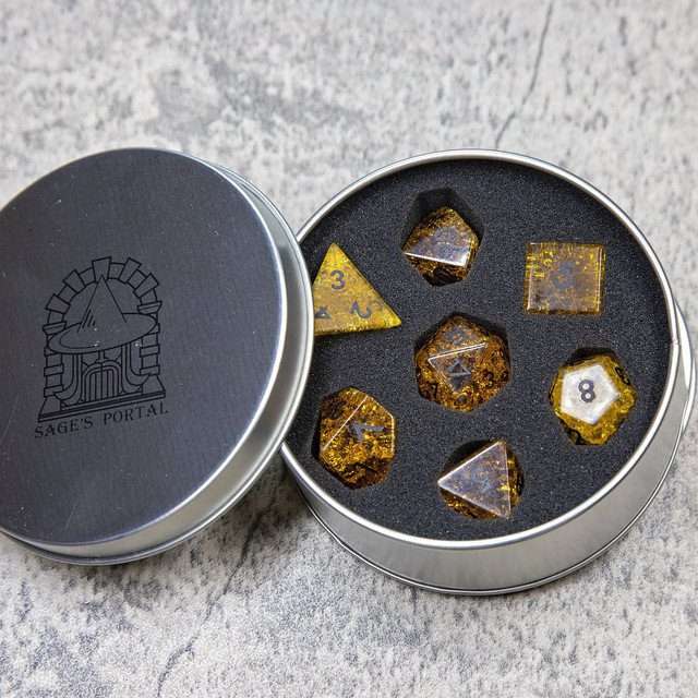 Sage's Kaleidoscopes Amber Gold Cracked Glass Gloss Finish Polyhedral Dice Set - Sage's PortalGemstone Dice Set