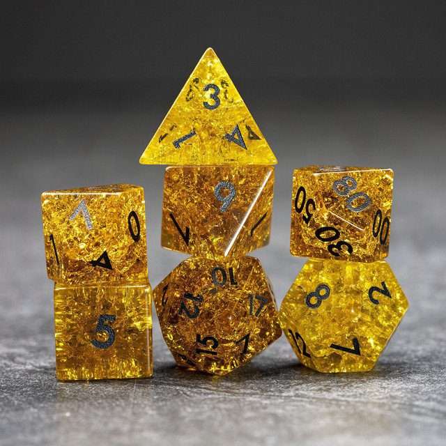 Sage's Kaleidoscopes Amber Gold Cracked Glass Gloss Finish Polyhedral Dice Set - Sage's PortalGemstone Dice Set