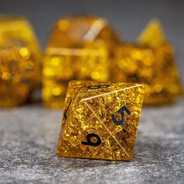 Sage's Kaleidoscopes Amber Gold Cracked Glass Gloss Finish Polyhedral Dice Set - Sage's PortalGemstone Dice Set