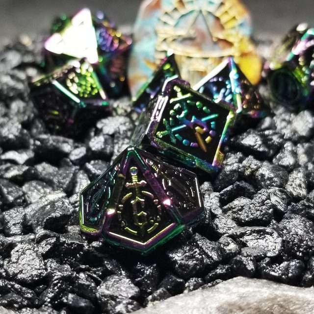 Sage's Knight's Valor - Black Inlay Rainbow Outline Metal Polyhedral Dice Set - Sage's PortalMetal Dice Set