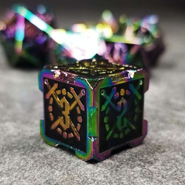 Sage's Knight's Valor - Black Inlay Rainbow Outline Metal Polyhedral Dice Set - Sage's PortalMetal Dice Set