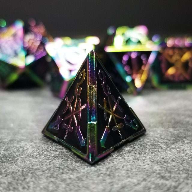 Sage's Knight's Valor - Black Inlay Rainbow Outline Metal Polyhedral Dice Set - Sage's PortalMetal Dice Set