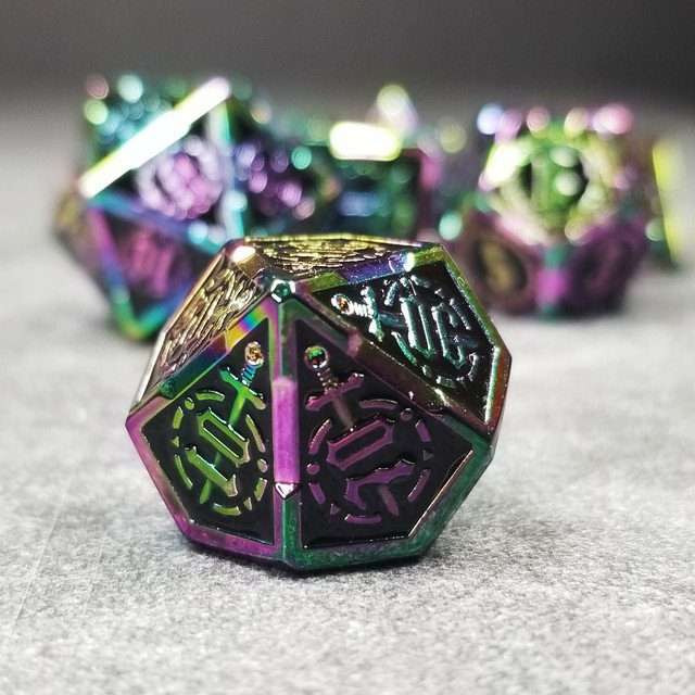 Sage's Knight's Valor - Black Inlay Rainbow Outline Metal Polyhedral Dice Set - Sage's PortalMetal Dice Set