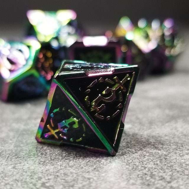 Sage's Knight's Valor - Black Inlay Rainbow Outline Metal Polyhedral Dice Set - Sage's PortalMetal Dice Set
