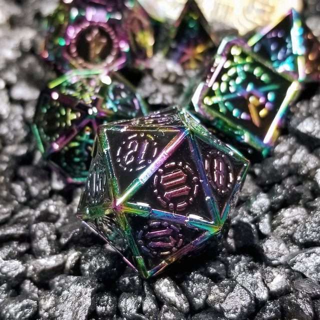 Sage's Knight's Valor - Black Inlay Rainbow Outline Metal Polyhedral Dice Set - Sage's PortalMetal Dice Set
