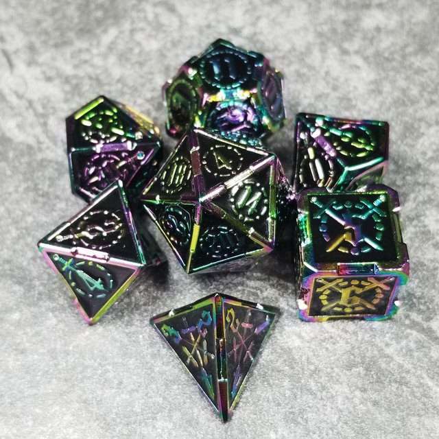 Sage's Knight's Valor - Black Inlay Rainbow Outline Metal Polyhedral Dice Set - Sage's PortalMetal Dice Set