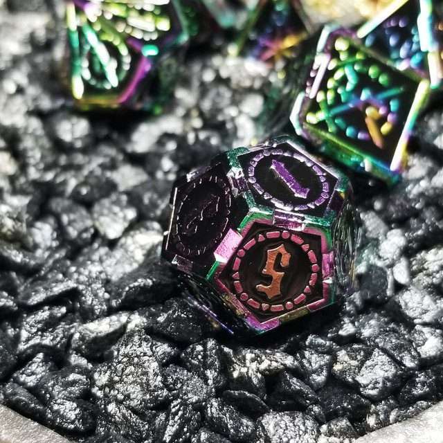 Sage's Knight's Valor - Black Inlay Rainbow Outline Metal Polyhedral Dice Set - Sage's PortalMetal Dice Set