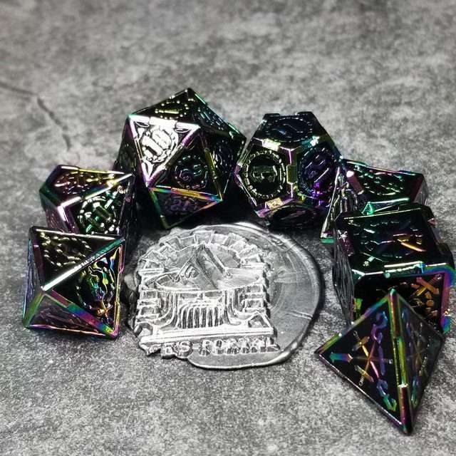 Sage's Knight's Valor - Black Inlay Rainbow Outline Metal Polyhedral Dice Set - Sage's PortalMetal Dice Set