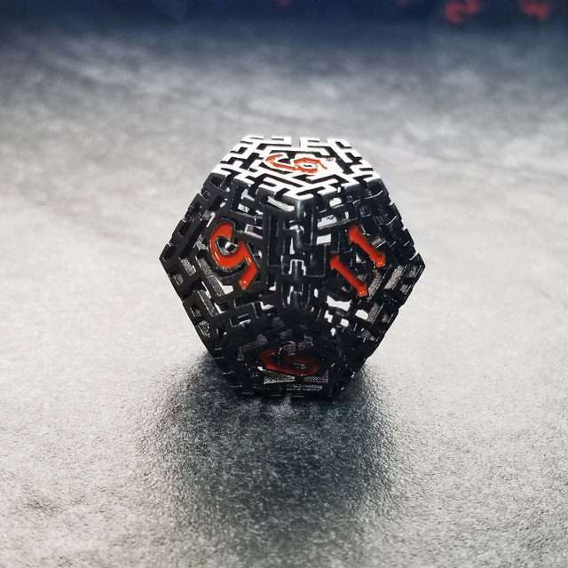 Sage's Labyrinths - Black Weave Red Ink Hollow Metal Polyhedral Dice Set - Sage's PortalHollow Metal Dice Set