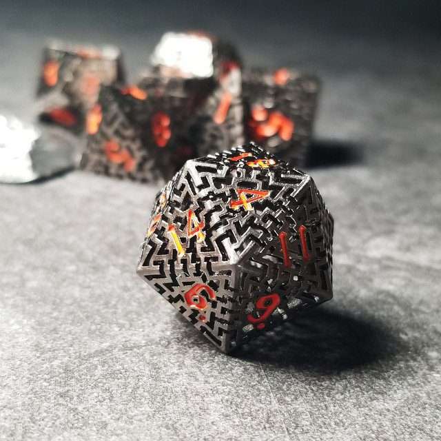 Sage's Labyrinths - Black Weave Red Ink Hollow Metal Polyhedral Dice Set - Sage's PortalHollow Metal Dice Set