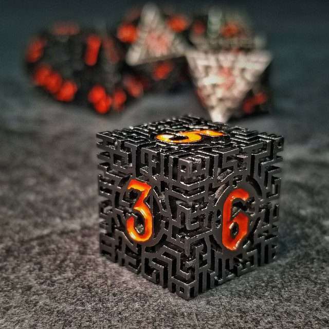 Sage's Labyrinths - Black Weave Red Ink Hollow Metal Polyhedral Dice Set - Sage's PortalHollow Metal Dice Set
