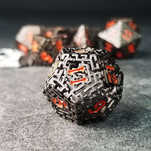 Sage's Labyrinths - Black Weave Red Ink Hollow Metal Polyhedral Dice Set - Sage's PortalHollow Metal Dice Set
