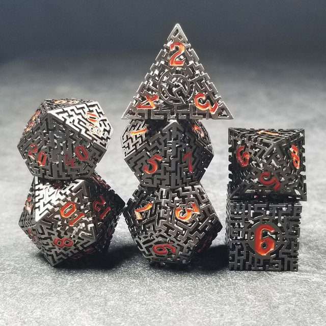 Sage's Labyrinths - Black Weave Red Ink Hollow Metal Polyhedral Dice Set - Sage's PortalHollow Metal Dice Set