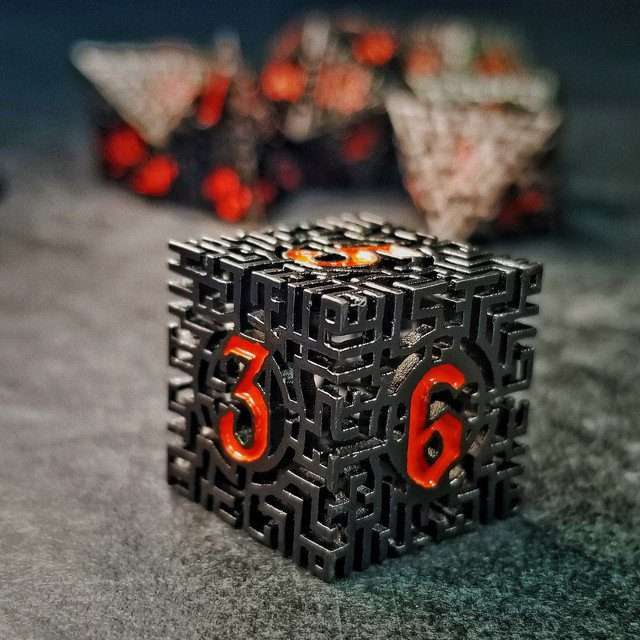 Sage's Labyrinths - Black Weave Red Ink Hollow Metal Polyhedral Dice Set - Sage's PortalHollow Metal Dice Set