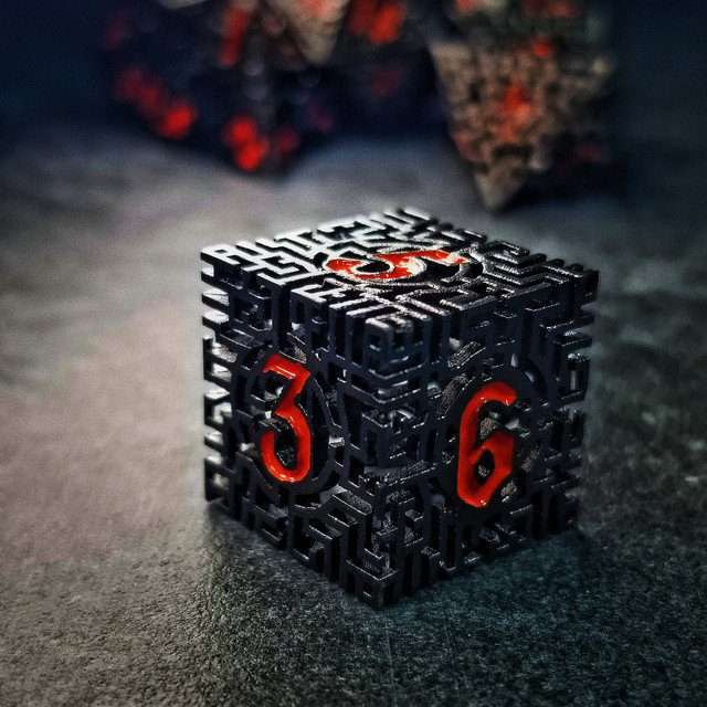 Sage's Labyrinths - Black Weave Red Ink Hollow Metal Polyhedral Dice Set - Sage's PortalHollow Metal Dice Set
