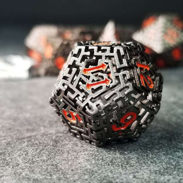 Sage's Labyrinths - Black Weave Red Ink Hollow Metal Polyhedral Dice Set - Sage's PortalHollow Metal Dice Set