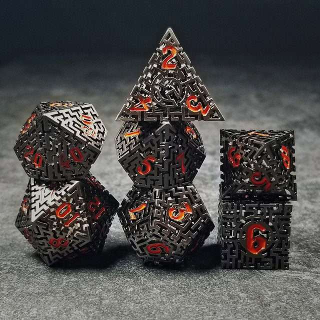Sage's Labyrinths - Black Weave Red Ink Hollow Metal Polyhedral Dice Set - Sage's PortalHollow Metal Dice Set