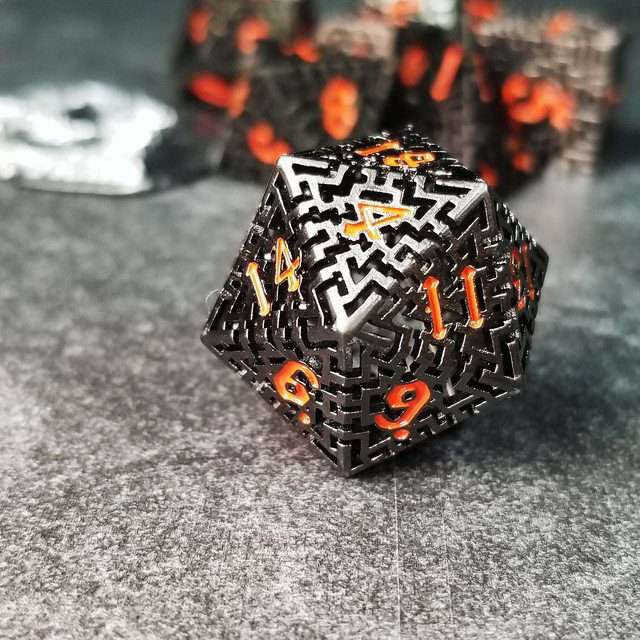Sage's Labyrinths - Black Weave Red Ink Hollow Metal Polyhedral Dice Set - Sage's PortalHollow Metal Dice Set