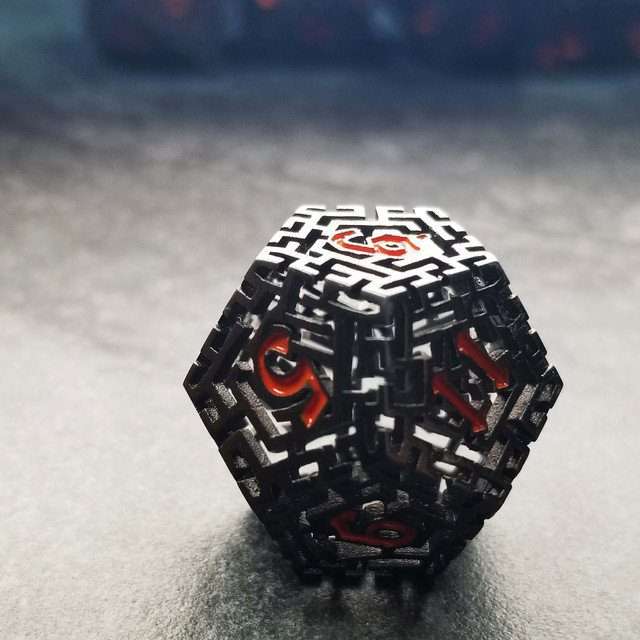 Sage's Labyrinths - Black Weave Red Ink Hollow Metal Polyhedral Dice Set - Sage's PortalHollow Metal Dice Set