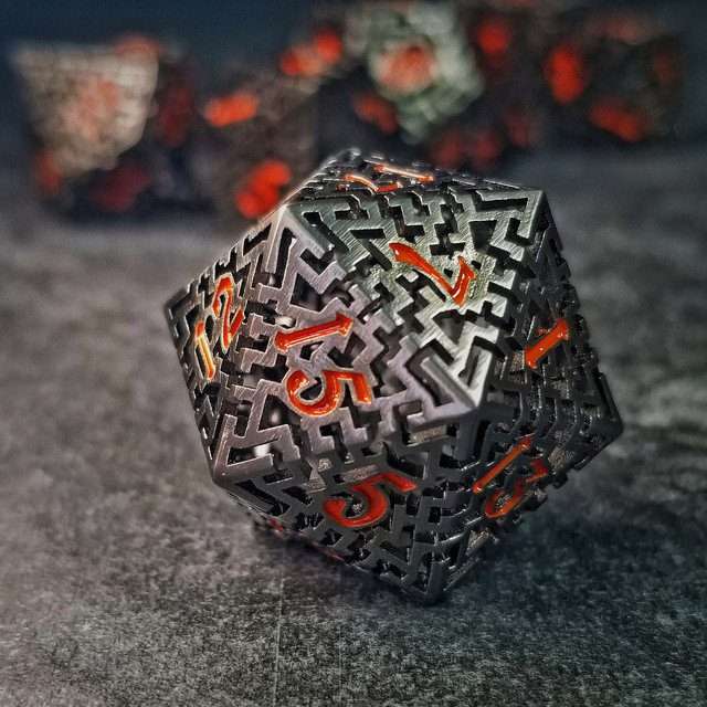 Sage's Labyrinths - Black Weave Red Ink Hollow Metal Polyhedral Dice Set - Sage's PortalHollow Metal Dice Set