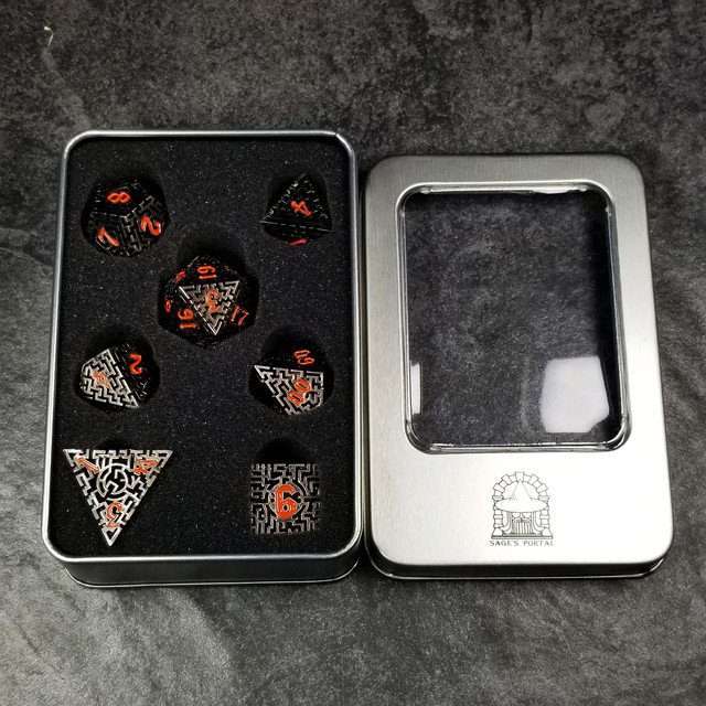 Sage's Labyrinths - Black Weave Red Ink Hollow Metal Polyhedral Dice Set - Sage's PortalHollow Metal Dice Set