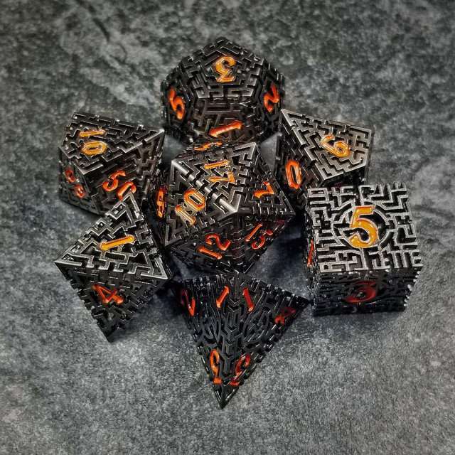 Sage's Labyrinths - Black Weave Red Ink Hollow Metal Polyhedral Dice Set - Sage's PortalHollow Metal Dice Set