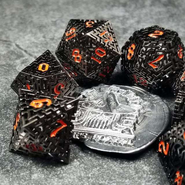 Sage's Labyrinths - Black Weave Red Ink Hollow Metal Polyhedral Dice Set - Sage's PortalHollow Metal Dice Set