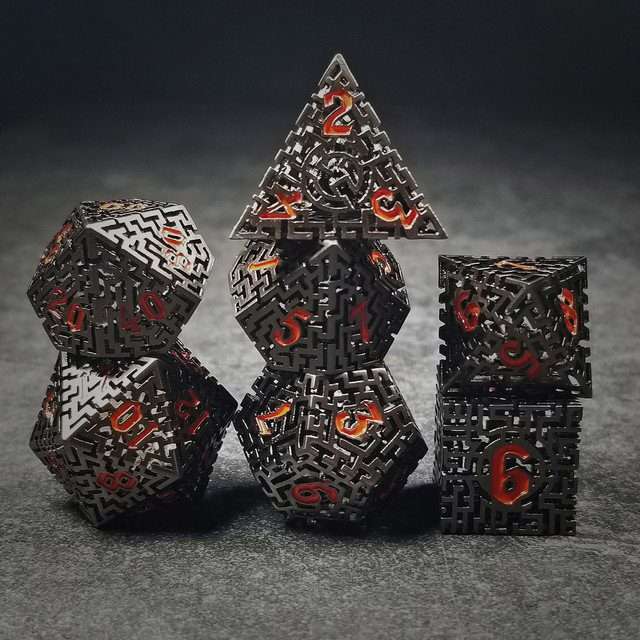 Sage's Labyrinths - Black Weave Red Ink Hollow Metal Polyhedral Dice Set - Sage's PortalHollow Metal Dice Set