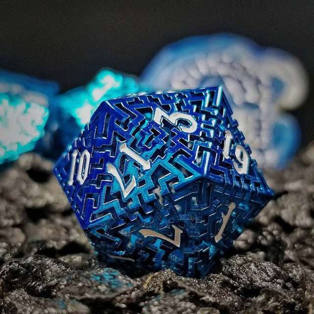 Sage's Labyrinths - Blue Weave White Ink Hollow Metal Polyhedral Dice Set - Sage's PortalHollow Metal Dice Set