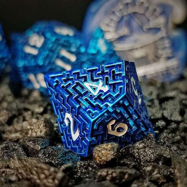 Sage's Labyrinths - Blue Weave White Ink Hollow Metal Polyhedral Dice Set - Sage's PortalHollow Metal Dice Set