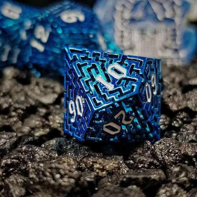 Sage's Labyrinths - Blue Weave White Ink Hollow Metal Polyhedral Dice Set - Sage's PortalHollow Metal Dice Set