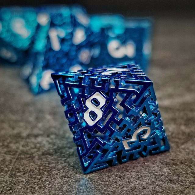 Sage's Labyrinths - Blue Weave White Ink Hollow Metal Polyhedral Dice Set - Sage's PortalHollow Metal Dice Set