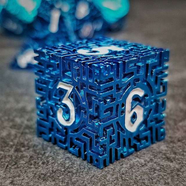 Sage's Labyrinths - Blue Weave White Ink Hollow Metal Polyhedral Dice Set - Sage's PortalHollow Metal Dice Set