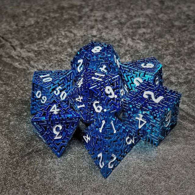 Sage's Labyrinths - Blue Weave White Ink Hollow Metal Polyhedral Dice Set - Sage's PortalHollow Metal Dice Set