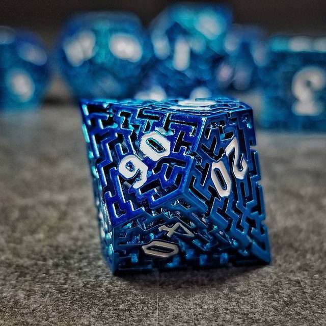 Sage's Labyrinths - Blue Weave White Ink Hollow Metal Polyhedral Dice Set - Sage's PortalHollow Metal Dice Set