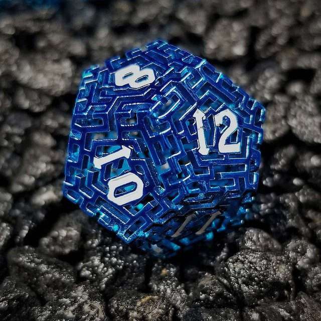 Sage's Labyrinths - Blue Weave White Ink Hollow Metal Polyhedral Dice Set - Sage's PortalHollow Metal Dice Set