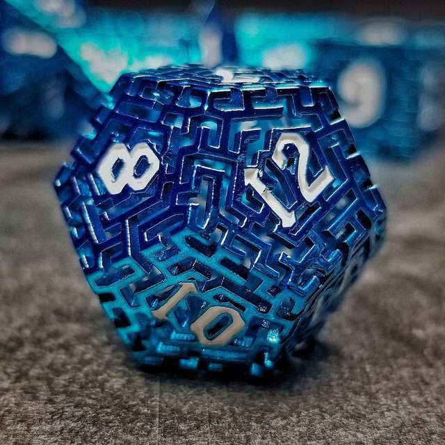 Sage's Labyrinths - Blue Weave White Ink Hollow Metal Polyhedral Dice Set - Sage's PortalHollow Metal Dice Set