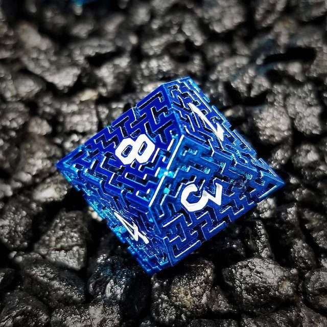 Sage's Labyrinths - Blue Weave White Ink Hollow Metal Polyhedral Dice Set - Sage's PortalHollow Metal Dice Set