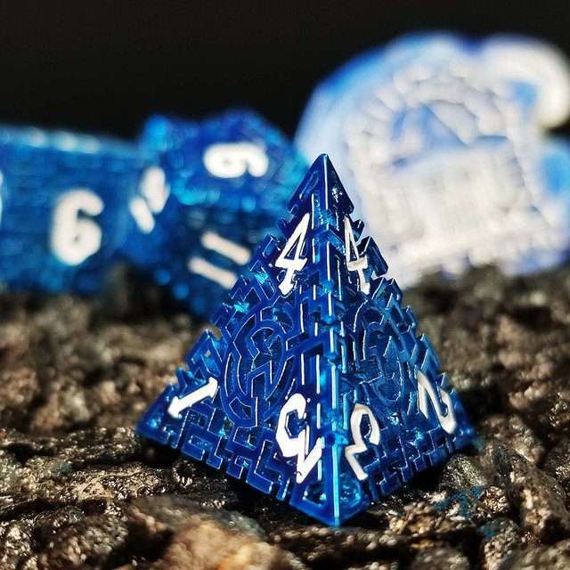 Sage's Labyrinths - Blue Weave White Ink Hollow Metal Polyhedral Dice Set - Sage's PortalHollow Metal Dice Set