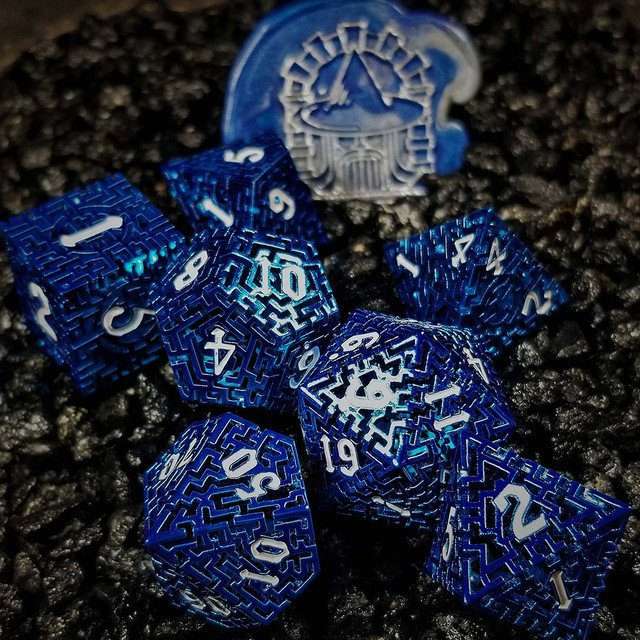 Sage's Labyrinths - Blue Weave White Ink Hollow Metal Polyhedral Dice Set - Sage's PortalHollow Metal Dice Set