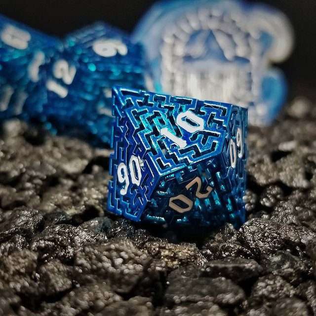 Sage's Labyrinths - Blue Weave White Ink Hollow Metal Polyhedral Dice Set - Sage's PortalHollow Metal Dice Set